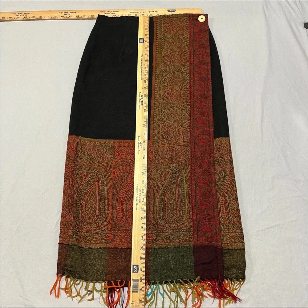 Tasha Polizzi Womens Black Paisley Classic Fringed Pure Wool Wrap Skirt Size S - Picture 6 of 6